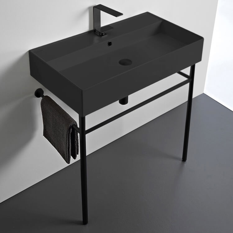 Scarabeo 8031/R-80-49-CON-BLK-One Hole Matte Black Ceramic Console Sink and Matte Black Stand